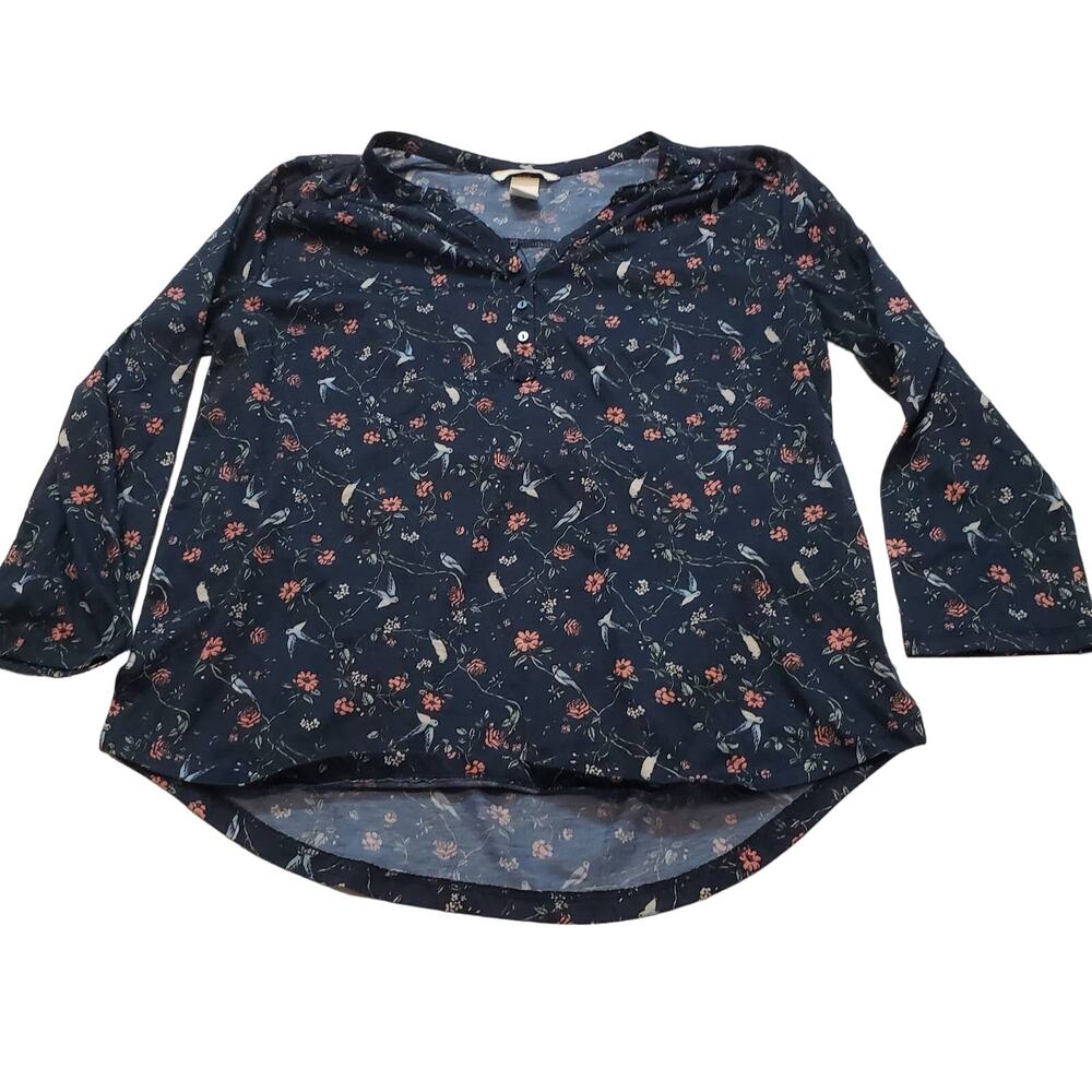 H&M Shirt Womens Small Blue High Low Top with Birds Flowers Design 3/4 Sleeve